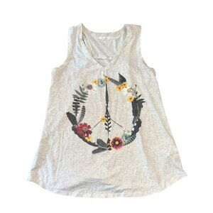 Peace Sign Feather Floral V Neck Light Gray White Tank Top Women's Small Maurice